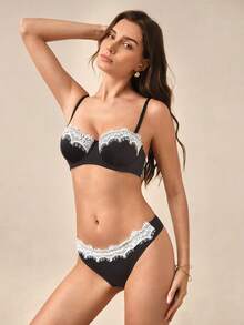 Hourtrue Vintage Date Night Push-Up Lingerie Set, Eyelash Lace Contrast Color Underwire Bra And Panty 2-Piece Set, With Detachable Shoulder Straps - Black - View 4
