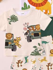 2 conjuntos aleatorios de 4 conjuntos de camiseta y pantalones cortos. Camiseta de cuello redondo con estampado de animales lindos, estampado de rayas, estampado de números, combinada con pantalones cortos con el mismo estampado - Multicolor - Ver 5