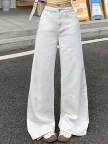 DAZY Tween Girl Casual Versatile Solid Color Wide Leg Denim Jeans - White - View 3