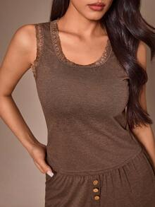 Lazeform Lace Patchwork Women's Casual Pajama Loungewear Set - Coffee Brown - View 5