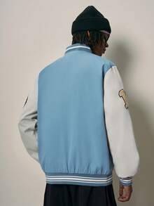 Sonviro 1 pieza Chaqueta de béisbol universitaria con gráfico de letras de manga larga y bloques de color para hombres, otoño - Neblina azul - Ver 2