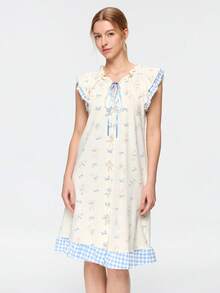 Bonmuse Piyama Kelinci Kartun Lucu Motif Acak untuk Wanita, Model Baru Ramah Kulit, Tanpa Lengan, Ikat Depan, Gaun Tidur Santai - Putih - View 3