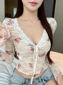 DAZY 秋季V領米色花卉鏤空蕾絲上衣，綁帶設計，修身性感女款上衣，適合婚禮、外出、宴會、派對、通勤，長袖Y2K風格 - 米色 - 查看 11