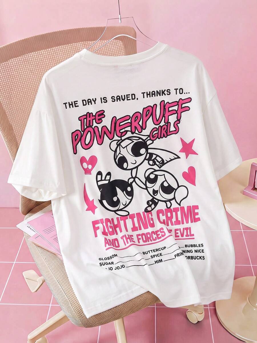 THE POWERPUFF GIRLS X SHEIN Men's Crew Neck Short Sleeve Casual T-Shirt - White - View 1
