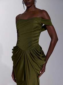 Elitara Robe de soirée élégante et formelle de luxe en tricot élastique, épaules dénudées, plissée à la main, dentelle transparente à la taille, coupe moulante en forme d'éventail, fente, longueur sol, mariage, été - Vert - Voir 9