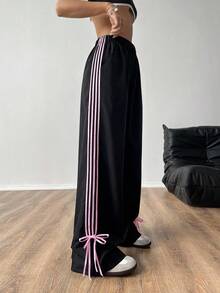 SHEIN EZwear 秋季休闲黑色撞色侧条纹织带工装裤 - 黑色 - 查看 4