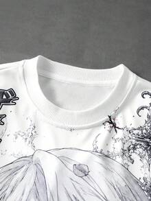 ROMWE MEN Men's Printed Loose Fit Crew Neck T-Shirt - White - View 2