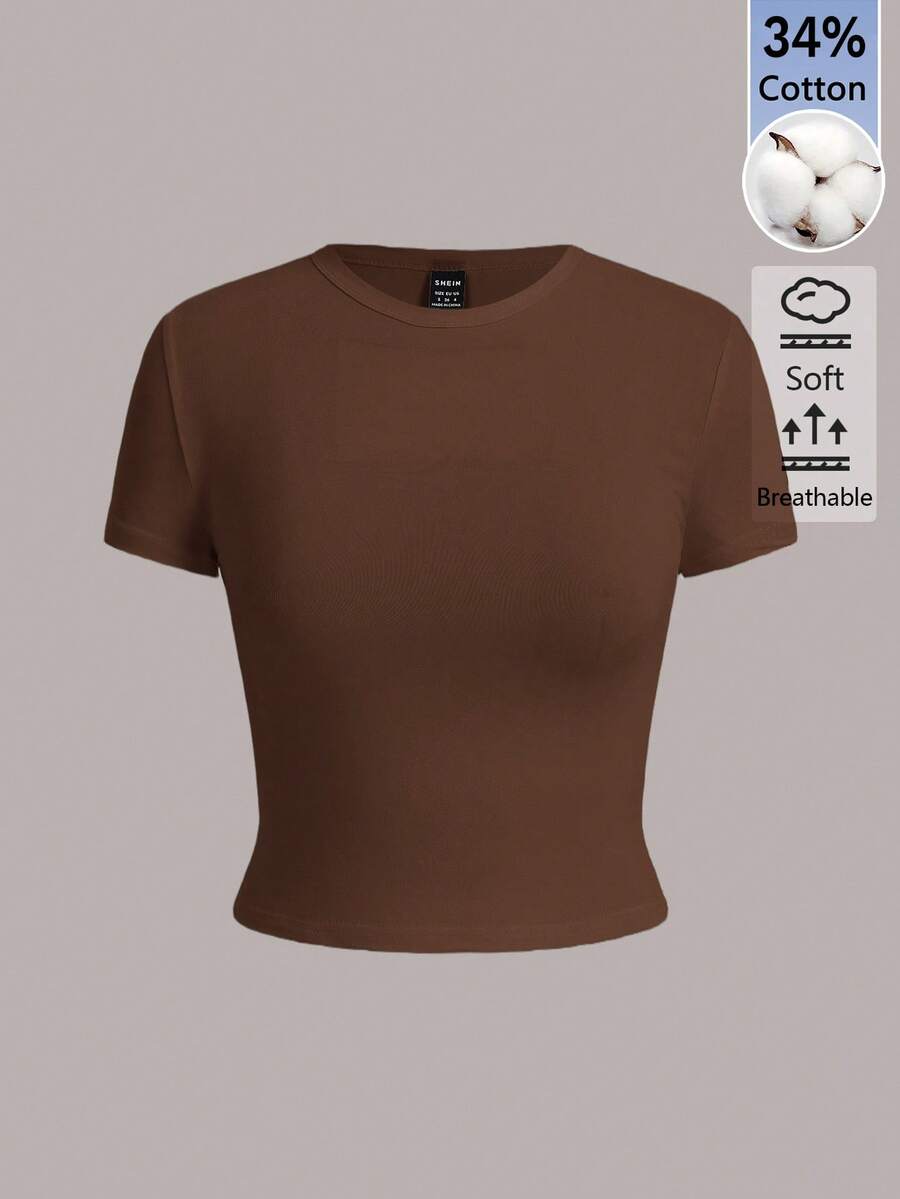 SHEIN BASICS 女款純色休閒圓領短袖短版T恤上衣 白色上衣 - 咖啡棕 - 查看 1