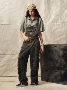 Norleigh Men's Casual Cargo Camo Bib Overalls With Multiple Pockets, Street Style Camo Overalls Men, Army Green, Button, Drawstring, Denim, Loose Fit - Army Green - View 10