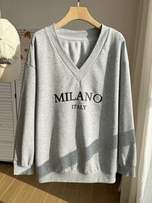 Comfortcana Casual Soft Form Traditional Minimalist Plus Size V-Neck Loose Sweatshirt Suitable For Autumn/Winter Back-To-School Vacation Date Dates Night Black - Grey - View 5
