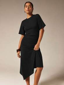 COSMINA Women's Casual Versatile Cinched Waist Cotton Brown Dress - Black - View 5