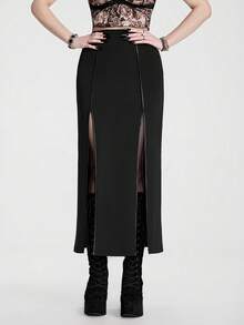 Breakform Gothic Halloween Sexy High-Waisted Maxi Skirt With Slit – Classic, Slimming, Versatile, Dark & ​​Edgy Style - Black - View 3