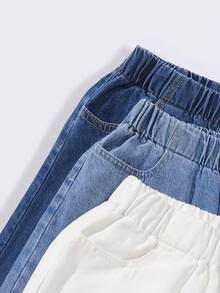 SHEIN 女童簡約百搭全鬆緊腰寬鬆休閒舒適牛仔寬腿褲，3色，多件套，秋季 - 彩色 - 查看 4