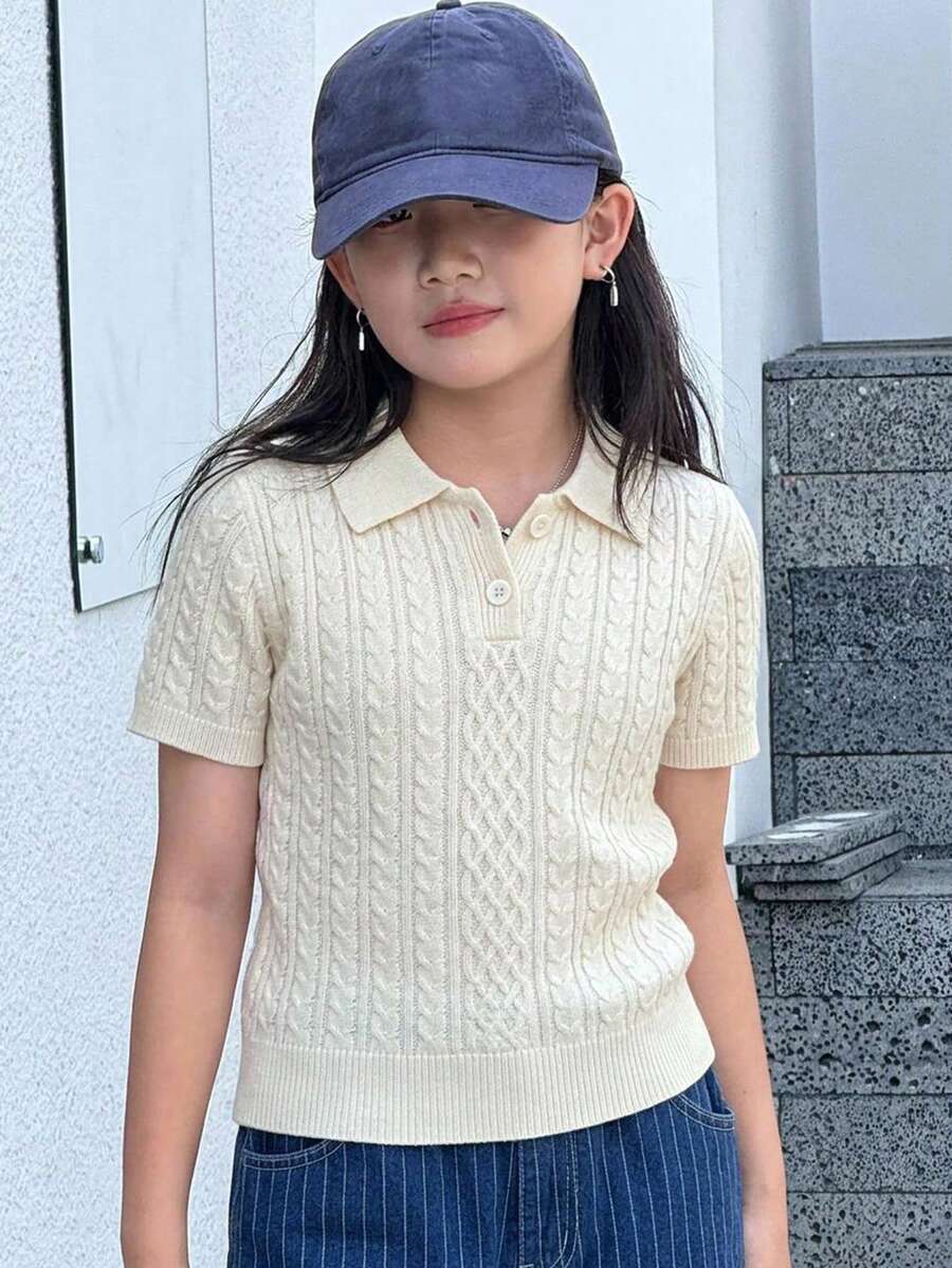 Dazy Kids 青少年女孩純色短袖針織上衣 - 米色 - 查看 1