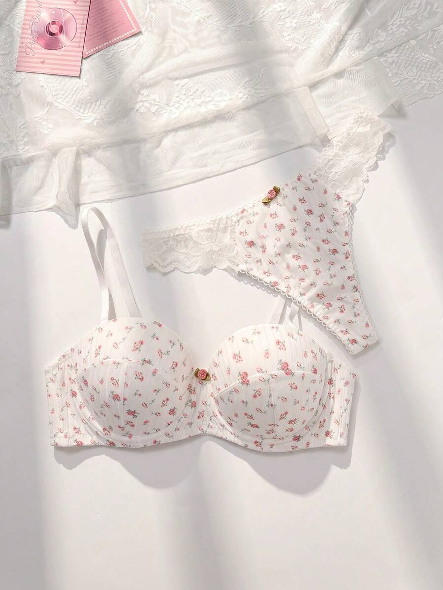 PetitDoll 2 件套女士蕾丝拼接无钢圈内衣文胸和内裤套装,春季服装 - 白色 - 查看 1