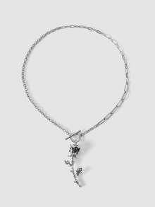 MortiRose Silver Rose Asymmetric Size Stone Pendant Personalized Necklace - Silver - View 2
