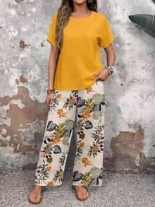 EMERY ROSE Set de 2 piezas de top de cuello redondo casual y pantalones sueltos para mujer, conjunto versátil adecuado para primavera y otoño - Multicolor - Ver 8