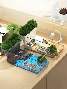 Turtle Tank With Basking Platform, 2-In-1 Dry Wet Separation Reptile Habitat Terrarium For Crabs Frogs Newts Amphibians, Easy Clean Natural Landscape Design Desktop Floor Stand Aquarium Kit For Pet Lovers Gift - Multicolor - View 9
