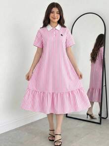 青少年女孩 Polo 領條紋刺繡圖案短袖中長洋裝，適合青少年女孩，對比色荷葉領花瓣袖印花洋裝，適合學校、戶外活動、購物，鈕扣洋裝童裝 - 粉色 - 查看 6