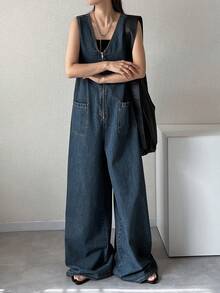 Dazy Tall Women's V-Neck Loose Urban Casual Jumpsuit - Medium Wash - View 4