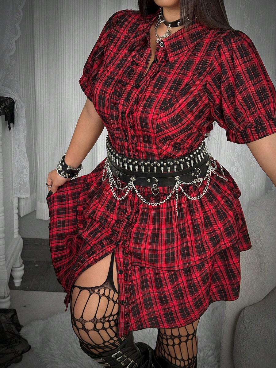 Whyspr Vestido de Talla Grande Primavera/Verano Punk con Volantes Multicapa a Cuadros - Rojo - Ver 1