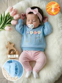 SHEIN Playful Pals 女嬰清新3D花卉刺繡運動衫套裝，春秋款親膚柔軟藍色3D花卉運動衫＋粉色羅紋長褲套裝，可愛百搭風格 - 藍色 - 查看 1