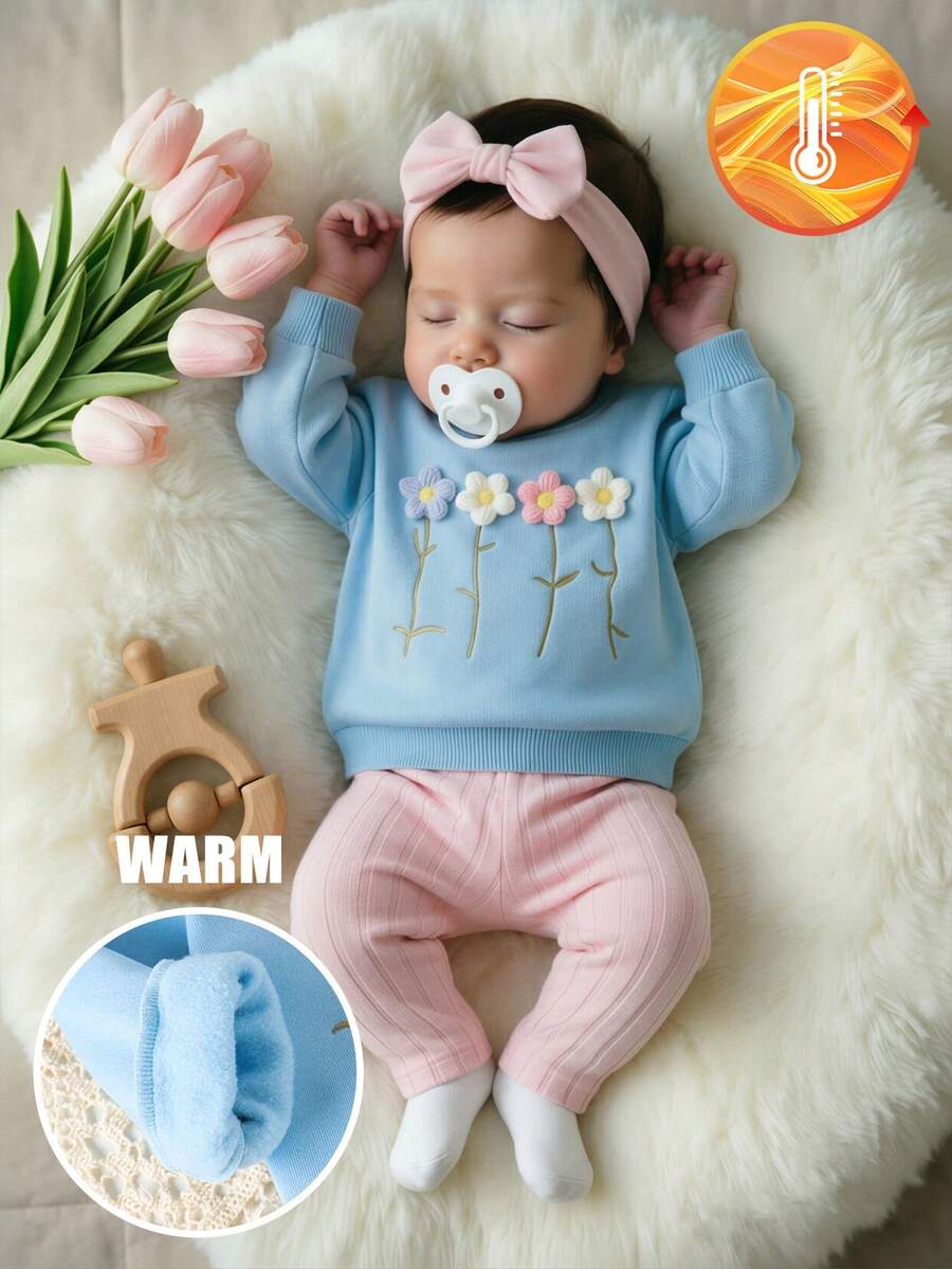 SHEIN Playful Pals 女嬰清新3D花卉刺繡運動衫套裝,春秋款親膚柔軟藍色3D花卉運動衫+粉色羅紋長褲套裝,可愛百搭風格 - 藍色 - 查看 1