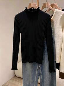 GlowEve CURVE Plus Size Fitted Elegant Mock Neck Long Sleeve Pullover Sweater - Black - View 2
