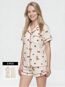 Bonmuse 3pcs Women Spring/Summer Cute Loose Teddy Bear, Cherry Blossom & Bow Print Pocket Front Button Short Sleeve Top, Shorts & Pants Pajama Set, Comfortable Loungewearfor Summer - Beige - View 1