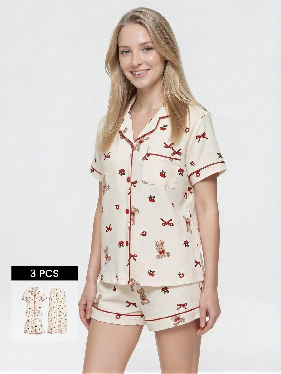 Bonmuse 3pcs Women Spring/Summer Cute Loose Teddy Bear, Cherry Blossom & Bow Print Pocket Front Button Short Sleeve Top, Shorts & Pants Pajama Set, Comfortable Loungewearfor Summer - Beige - View 1