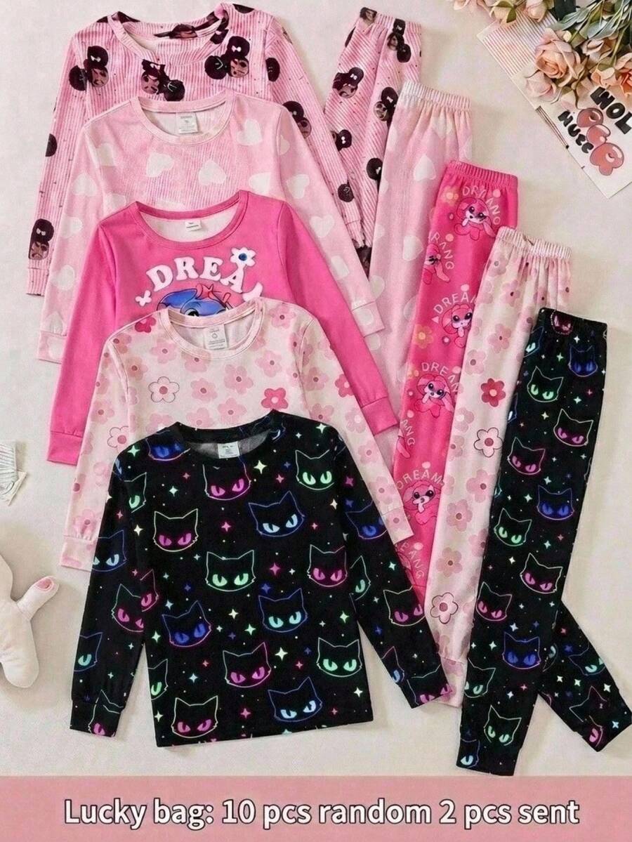 SHEIN Tween Girl Tween Girl Fluorescent Cartoon Cat Pattern Long Sleeve Pants Casual Comfortable Home Sleepwear Set 2pcs Tight Fall/Winter Outfits - Multicolor - View 1
