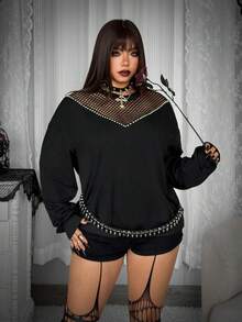 Whyspr Fashionable V-Neck Mesh Patchwork Loose Fit Versatile Long Sleeve Pullover Sweatshirt For Women Halloween - Black - View 4