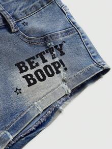Betty Boop | ROMWE 春夏 Y2K 可愛復古機車印花超低腰迷你牛仔短褲 藍色 夜店風 - 淺藍色 - 查看 4