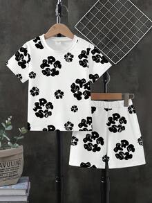 1 Set Of Tween Boys' Summer New Letter Print Two Pieces Set With Black And White Contrast Design. No Need To Worry About Kids' Outfits For Outings - Multicolor - View 3