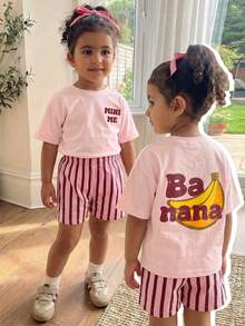 THE HAPPY LOOK Kids Young Girl Fruit Pattern Knitted Soft Crew Neck Short Sleeve Drop Shoulder Pullover Top & Striped Shorts 2pcs Set - Baby Pink - View 9