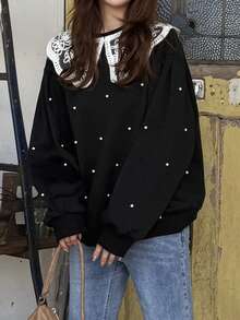 FRIFUL 女款秋冬休閒可愛優雅拼色領口串珠裝飾運動衫 早午餐穿搭 黑色花卉 - 黑色 - 查看 5