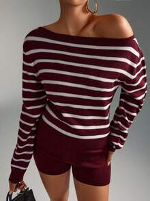 SHEIN Burgundy Off-Shoulder Ribbed Knit Co-Ord Set With Long Sleeve Top Matching Shorts July Edit Autumn Stripes Coastal Cool Soft Stretch Knitwear - Burgundy - View 8