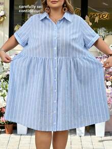 SHEIN CURVE+ Plus Size Striped Color Block Pleated Casual Daily Wear Dress Formal, Fall Winter 2026 22W - Blue and White - View 7