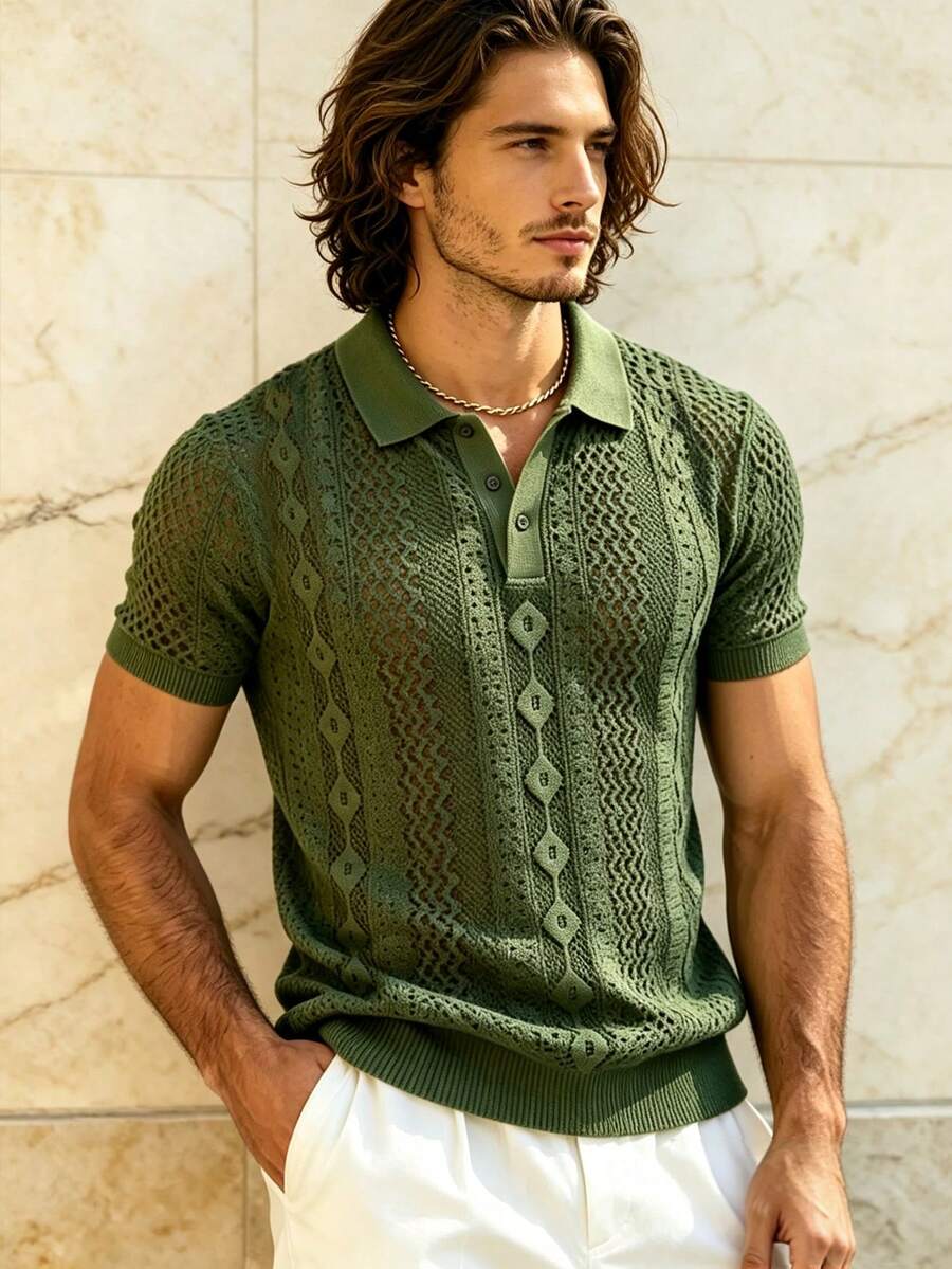 TONEVAULT Men's Hollow Design Short Sleeve Polo Collar T-Shirt - Army Green - View 1