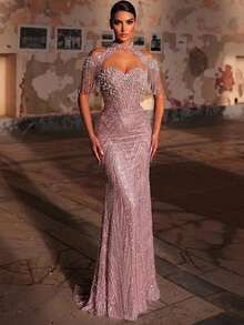 Glamrae Elegant Luxury Beaded Sequin Embroidered Floral Mesh Patchwork Elastic Knit Strapless Mermaid Dress With Detachable Jacket Tassel Sleeves For Formal - Pink - View 7