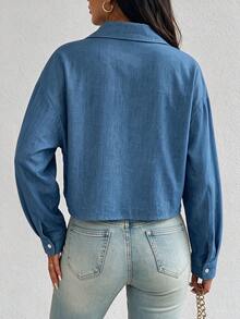 SHEIN 女款單排扣休閒百搭日常長袖襯衫 - 藍色 - 查看 2