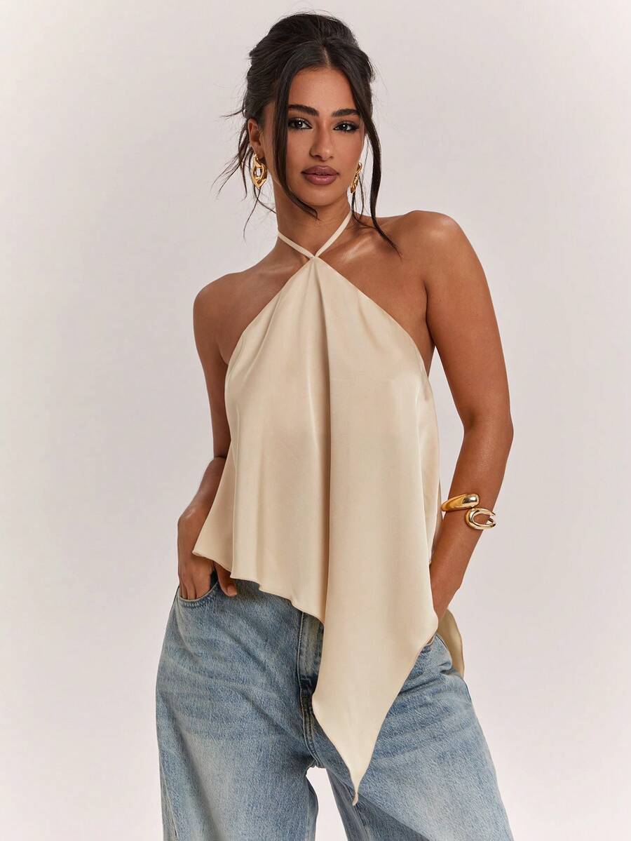 SHEIN BAE 春夏女款休閒度假掛脖露背不對稱下擺黃色純色緞面背心,適合海灘度假、海灘假期、姐妹休閒度假,優雅實用黃色緞面背心 - 卡其色 - 查看 1