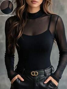 Selianne New Early Autumn Women Elegant Black Mesh Mock Neck Long Sleeve Slim Top With Inner Camisole, Figure-Hugging Design, Mature Hot Girl Style For Commute - Black - View 6