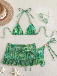 Swim SXY 女款夏季海灘全印花掛脖綁帶性感比基尼三角褲兩件式泳衣套裝附迷你裙 - 彩色 - 查看 3