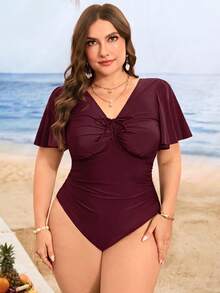SHEIN Swim Curve 大尺碼女款夏季純色荷葉袖胸前抽繩收腹抓皺連身泳衣 派對海灘穿著 粉色 優雅性感 - 酒紅色 - 查看 4