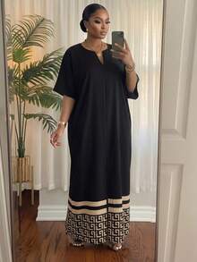 SHEIN Lady CURVE 大码女式拼接彩色休闲派对连衣裙 - 黑色 - 查看 4