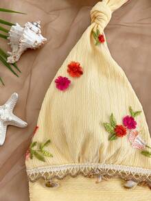 Soleia Women's Floral Pattern Shell And Starfish Decor Pleated Halter Top - Multicolor - View 4