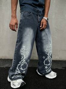Manfinity EMRG Jeans de pierna ancha con estampado de estrellas, bolsillo con cremallera y botón - Azul - Ver 6