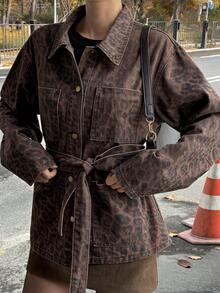 DAZY Women's Lapel Long Sleeve Cinched Waist Leopard Print Open Front Street Casual Denim Jacket And Coat Autumn Everyday Date Shades Of Brown - Brown - View 1