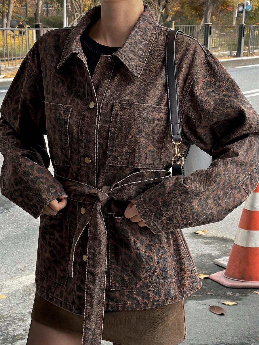 DAZY Women's Lapel Long Sleeve Cinched Waist Leopard Print Open Front Street Casual Denim Jacket And Coat Autumn Everyday Date Shades Of Brown - Brown - View 1